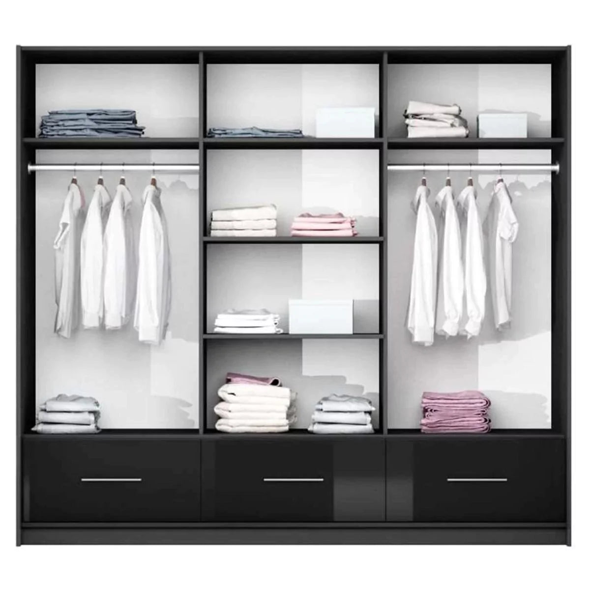 Warrington Sliding Door 255cm Mirror Wardrobe with 3 Drawers - Graphite, Black, White