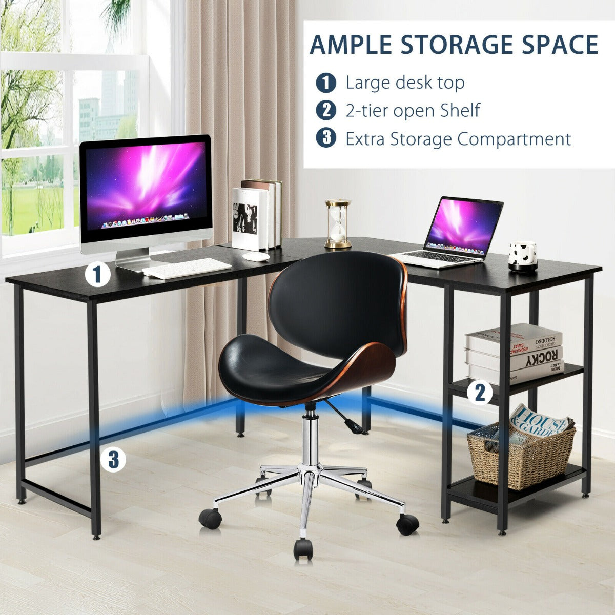 L-Shaped Corner Computer Desk with 2-Tier Storage Shelf-Black