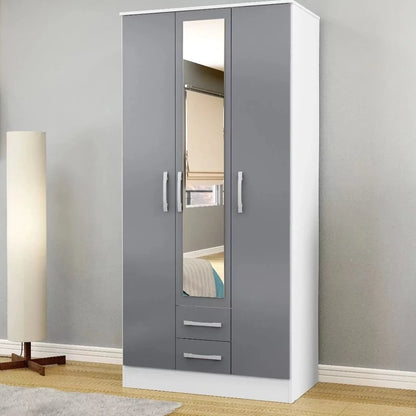 Lynx 3 Door 2 Drawer Mirrored Wardrobe - White and Grey