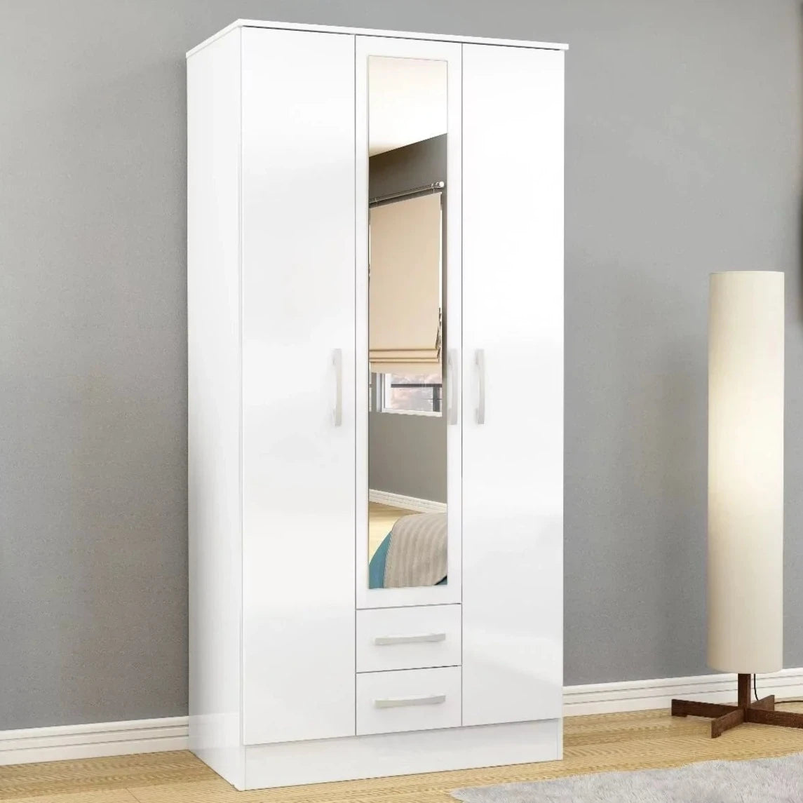 Lynx 3 Door 2 Drawer Mirrored Wardrobe - White