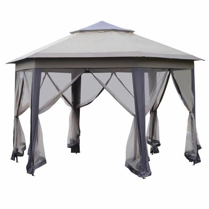 Heavy-Duty Garden Double Roof Hexagon Gazebo Tent - Coffee and Beige