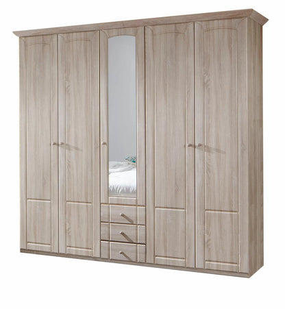 Vilma 5 Door 3 Drawer Mirrored Wardrobe - Oak