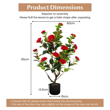 1/2 Pieces 95cm Artificial Camellia Tree with Flowers and Rain-Flower Pebbles-Red-2 Pieces