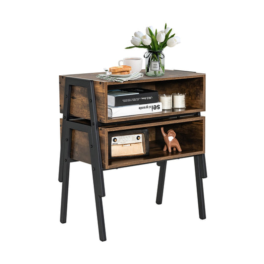 2 Pieces Industrial Nightstand Set with Steel Frame and Open Compartments-Rustic Brown