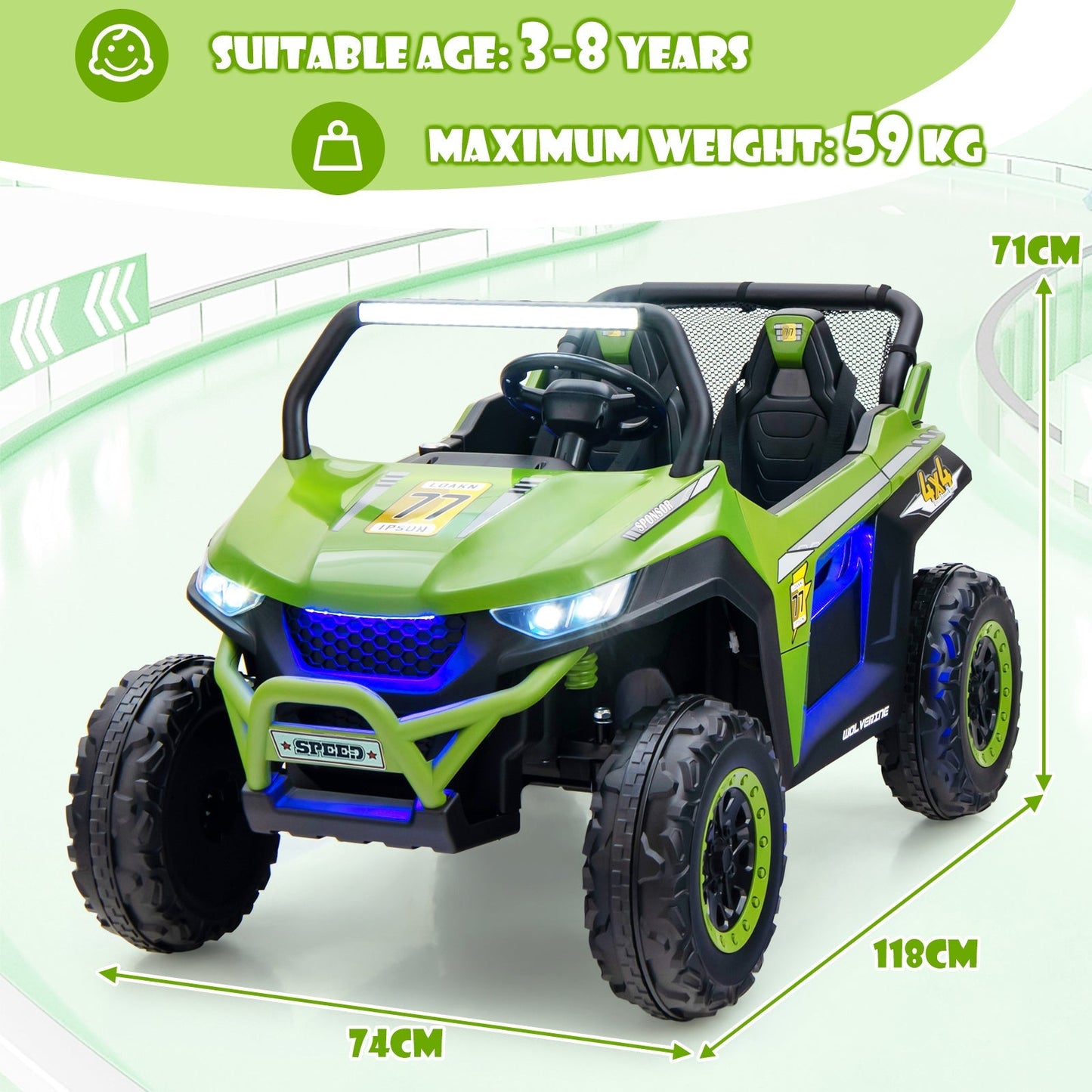 12V Battery Powered Electric Car 2-Seater Kids Ride on UTV-Green