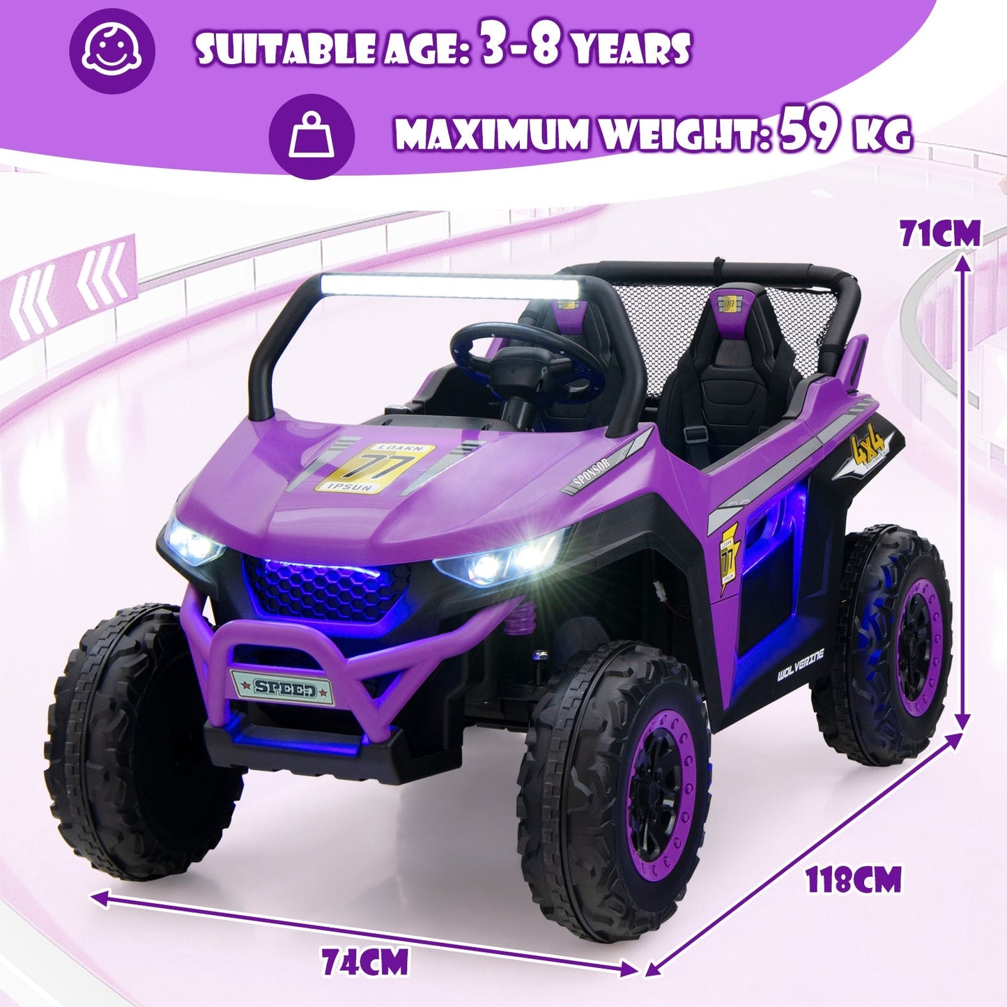 12V Battery Powered Electric Car 2-Seater Kids Ride on UTV-Purple