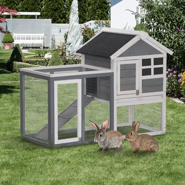 PawHut Rabbit Hutch Outdoor Wooden Guinea Pig Hutch Rabbit Run Bunny Cage Small Animal House Pull-Out Tray, Grey, 122 x 62.6 x 92 cm