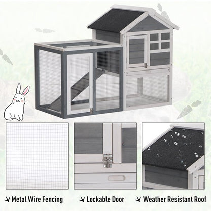 PawHut Rabbit Hutch Outdoor Wooden Guinea Pig Hutch Rabbit Run Bunny Cage Small Animal House Pull-Out Tray, Grey, 122 x 62.6 x 92 cm