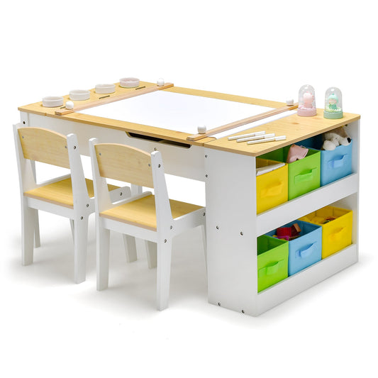 2-in-1 Kids Art Table and Chairs Set with 6 Storage Bins-Natural