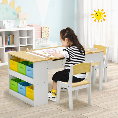 2-in-1 Kids Art Table and Chairs Set with 6 Storage Bins-Natural