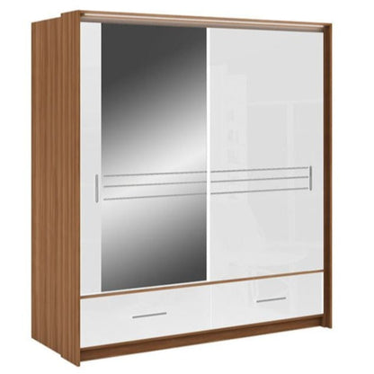 Wiltshire 208cm Sliding Door Wardrobe with Mirror Walnut with 2 Drawers - Black Gloss and White Gloss