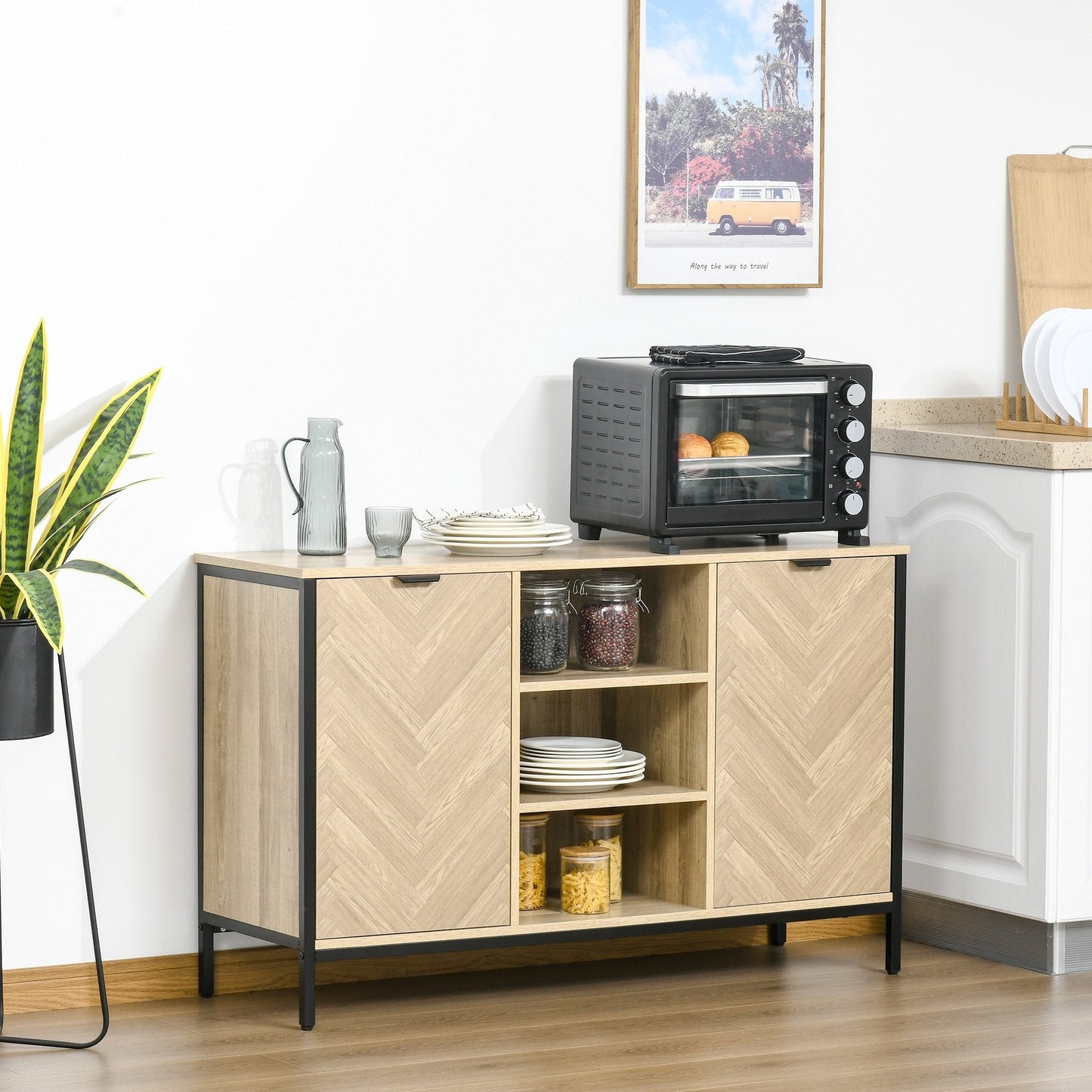 Kitchen Sideboard Storage Cabinet with2 Doors and Adjustable Shelves Oak Tone