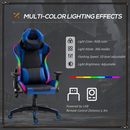 Vinsetto Gaming Office Chair with RGB LED Light, Lumbar Support, Gamer Recliner, Blue