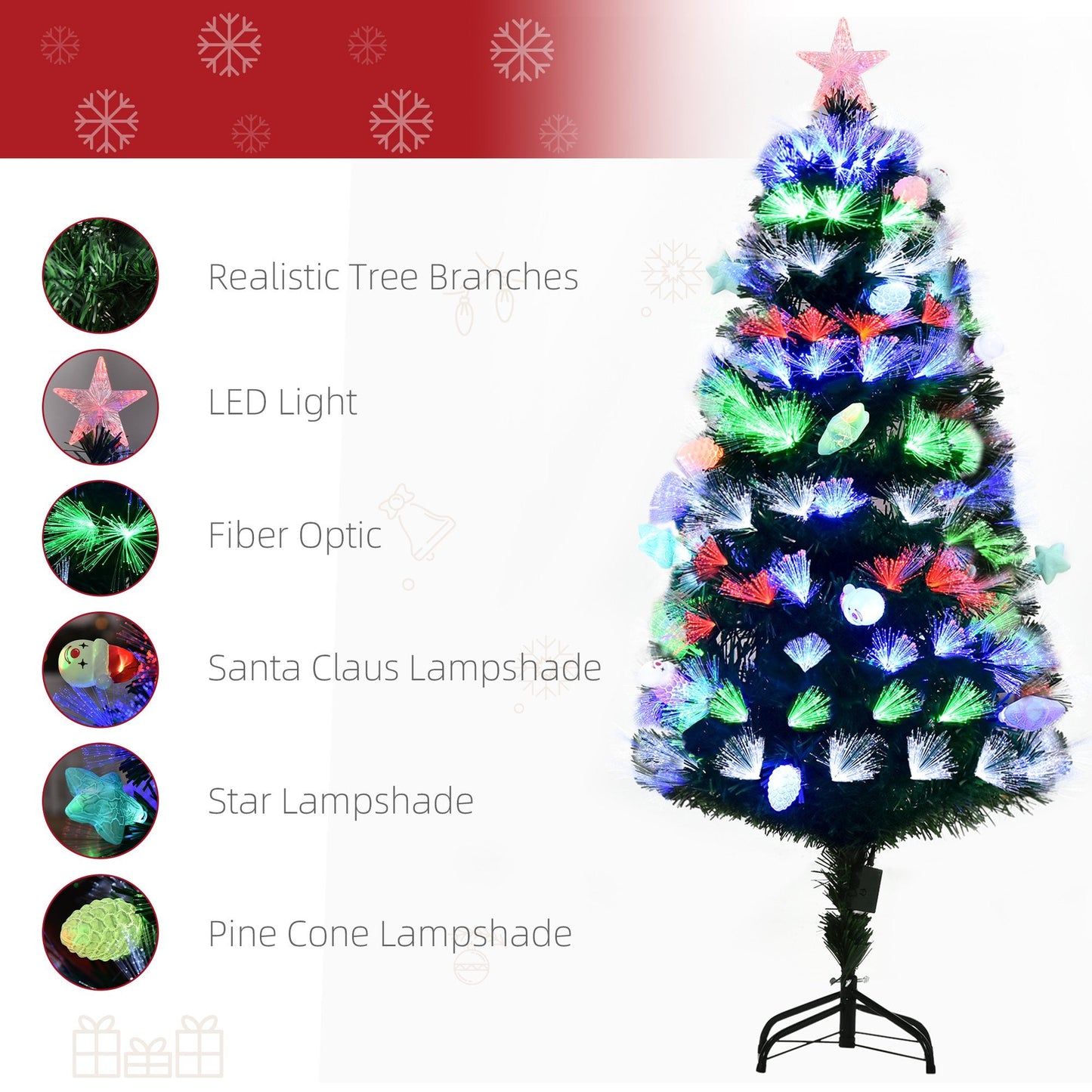 HOMCOM 5FT Pre-Lit Artificial Christmas Tree with Fibre Optic Baubles Fitted Star LED Light Xmas Decoration Green