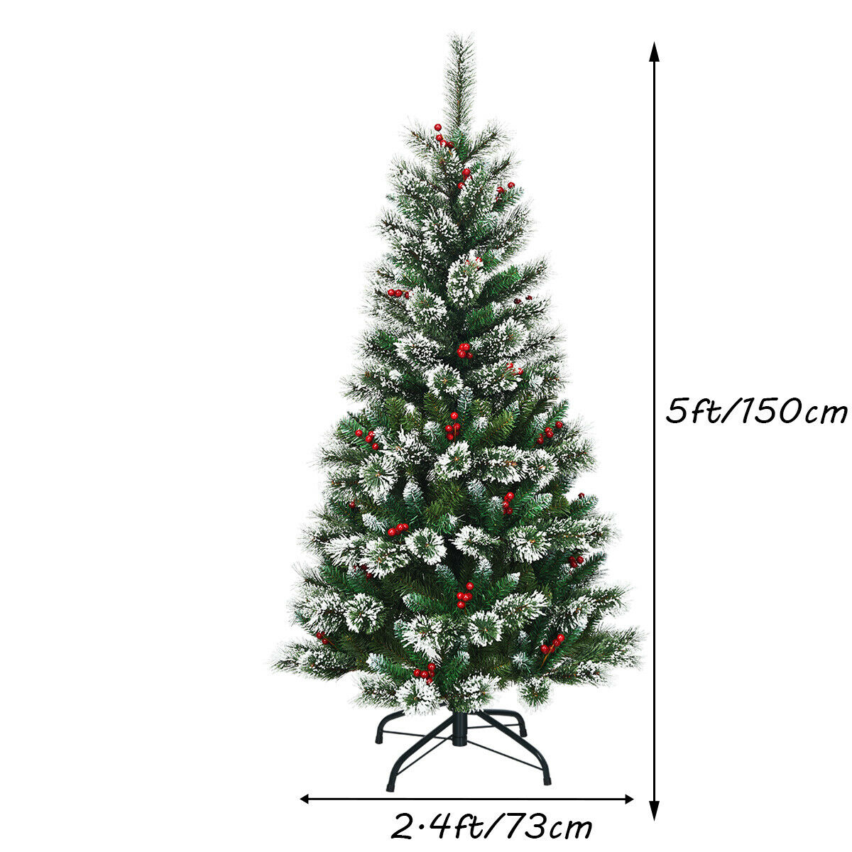 Snow Flocked Christmas Tree with Red Berries and Metal Base-5FT