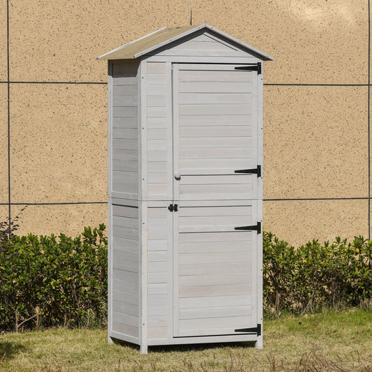 Outsunny Wooden Garden Cabinet 4-Tier Storage Shed w/ Hook Foot Pad Light Grey