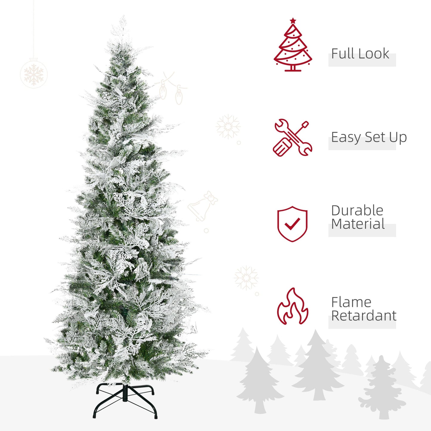 Pencil Snow Flocked Artificial Christmas Tree with Realistic Cypress Branches, Auto Open, Green