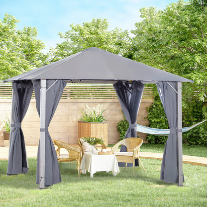 Outsunny 3(m) x 3(m) Garden Outdoor Soft Top Gazebo Steel Frame w/ Zipped Mesh Curtain Sidewalls Garden Sun Shelter Wedding Party Tent - Grey