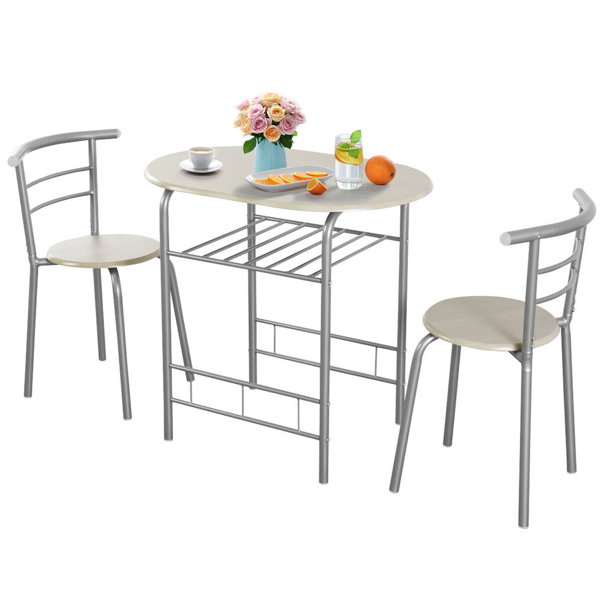 3 Pieces Compact Dining Set with Storage Shelf for Kitchen Bars