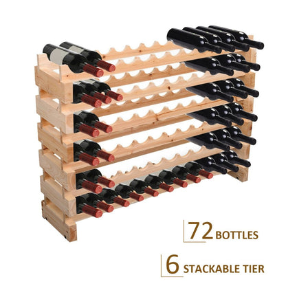 Firm Pine Wood 6 Stackable Tier Design 72 Wine Bottle Rack - Natural Wood