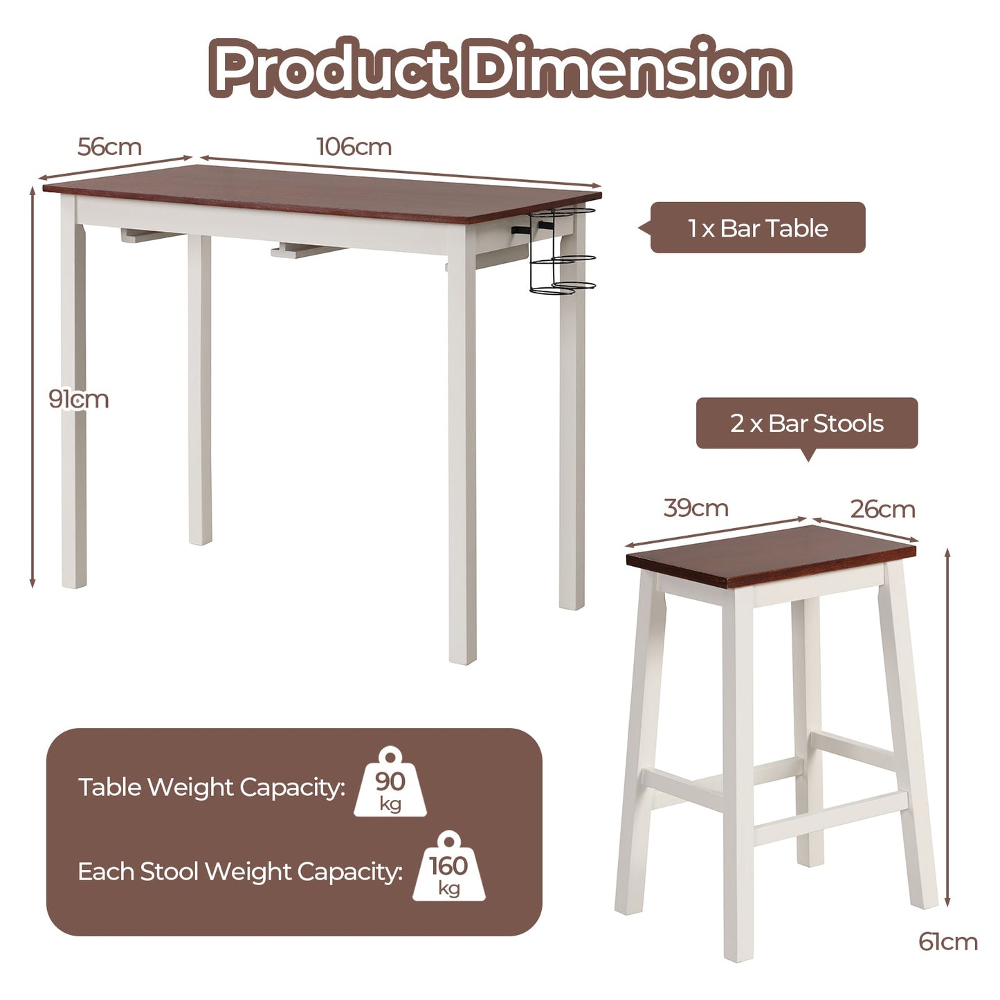 3-Piece Bar Table Set with 2 Wine Holders-Cream White