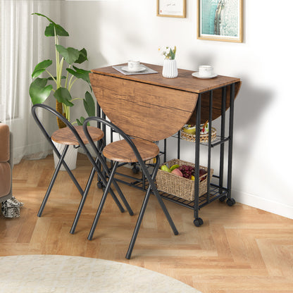 3 Pieces Drop-Leaf Rolling Dining Table Set with 2 Shelves-Rustic Brown