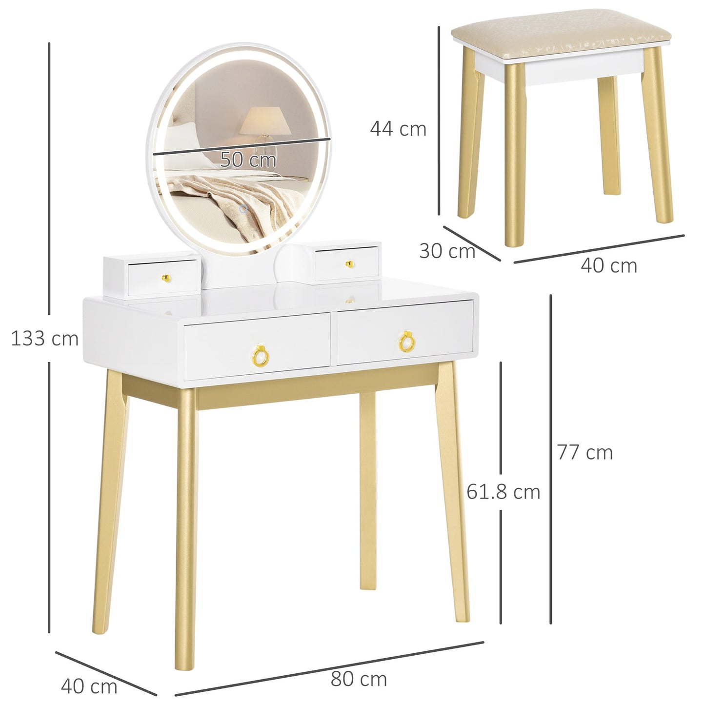 Vanity Table Set with Mirror & Light, Dressing Desk w/ Drawers Stool White