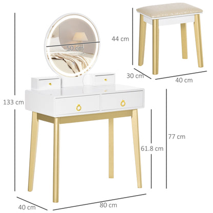 Vanity Table Set with Mirror & Light, Dressing Desk w/ Drawers Stool White