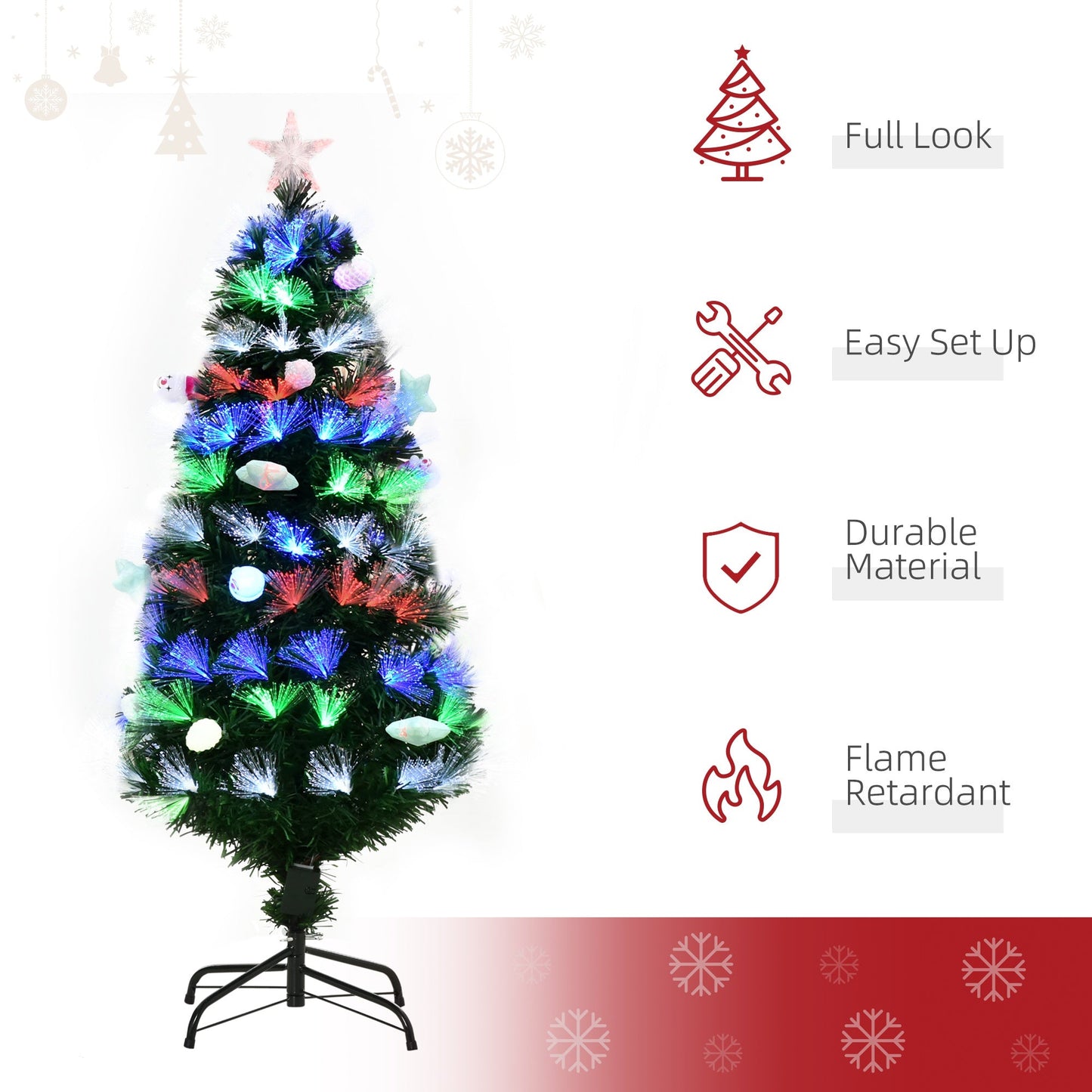 HOMCOM 4FT Pre-Lit Artificial Christmas Tree w/ Fibre Optic Baubles Fitted Star LED Light Holiday Home Xmas Decoration-Green