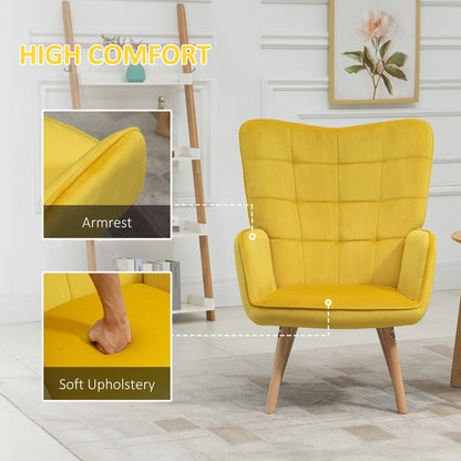 كرسي HOMCOM Accent Chair من المخمل المنجد بذراعين وجناح خلفي مع أرجل خشبية باللون الأصفر