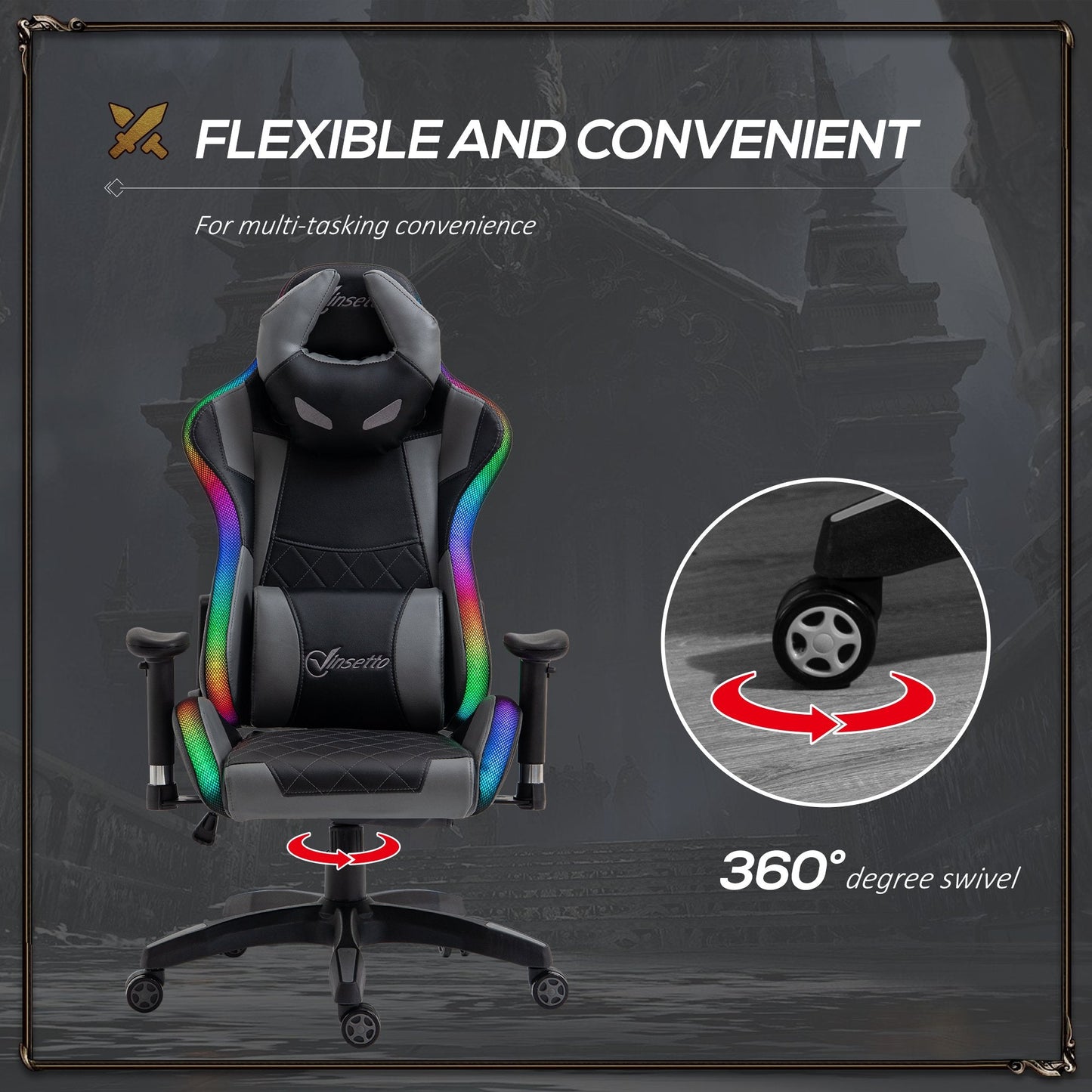 Vinsetto Gaming Office Chair with RGB LED Light, Lumbar Support, Gamer Recliner, Grey