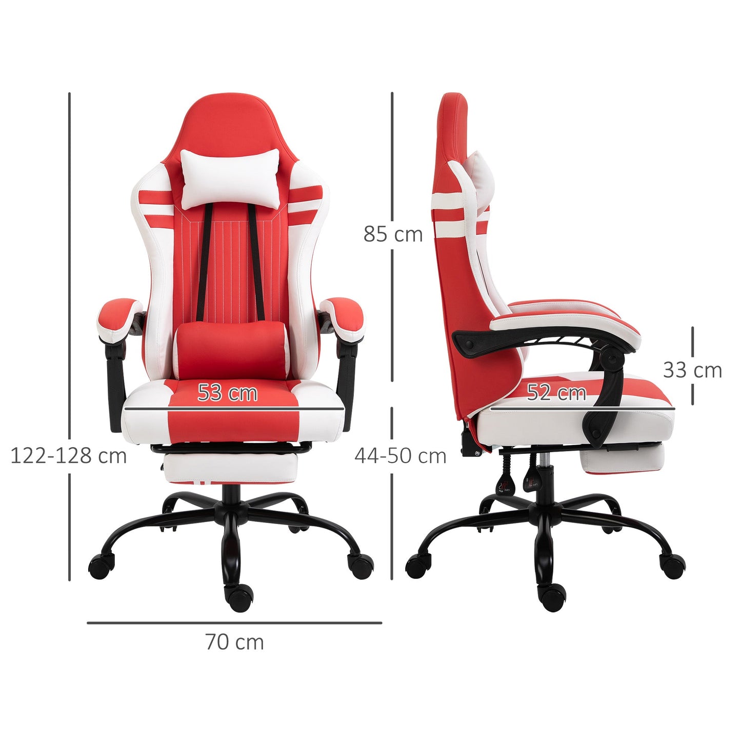 Vinsetto PU Leather Gaming Chair with Headrest, Footrest, Wheels, Adjustable Height - Red/White