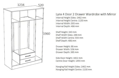 Lynx 4 Door 2 Drawer Mirrored Wardrobe - Black