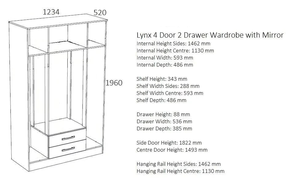 Lynx 4 Door 2 Drawer Mirrored Wardrobe - Walnut and Black