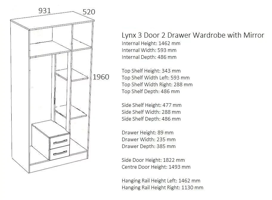 Lynx 3 Door 2 Drawer Mirrored Wardrobe - Black