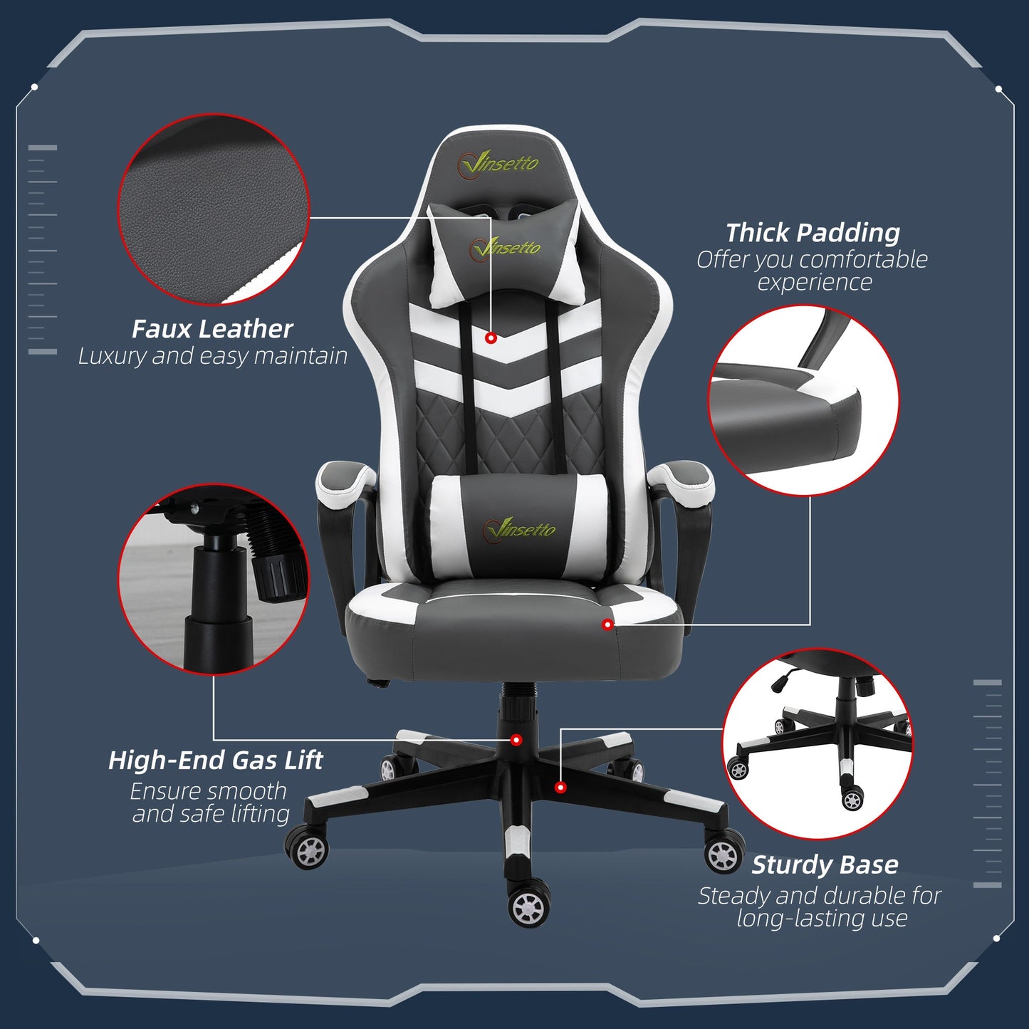 Vinsetto Racing Gaming Chair w/ Lumbar Support, Headrest, Gamer Office Chair, Grey White