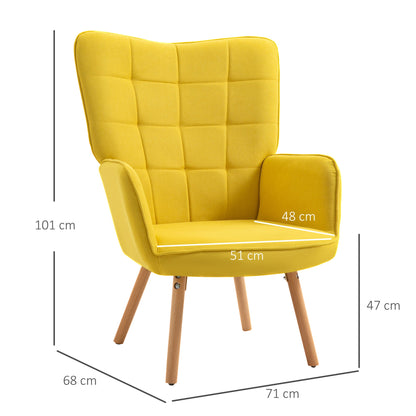 كرسي HOMCOM Accent Chair من المخمل المنجد بذراعين وجناح خلفي مع أرجل خشبية باللون الأصفر