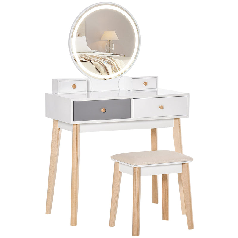 HOMCOM Makeup Vanity Table Set with Round Mirror, Built-in 3 Color LED  Light, Dressing Desk with 4 Drawers and Cushioned Stool for Bedroom, White  With