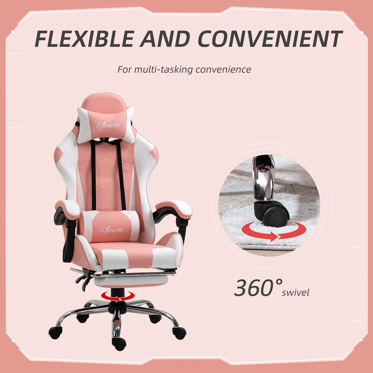 Vinsetto Gaming Chair with Head and Back Pillow, Retractable Footrest - Pink