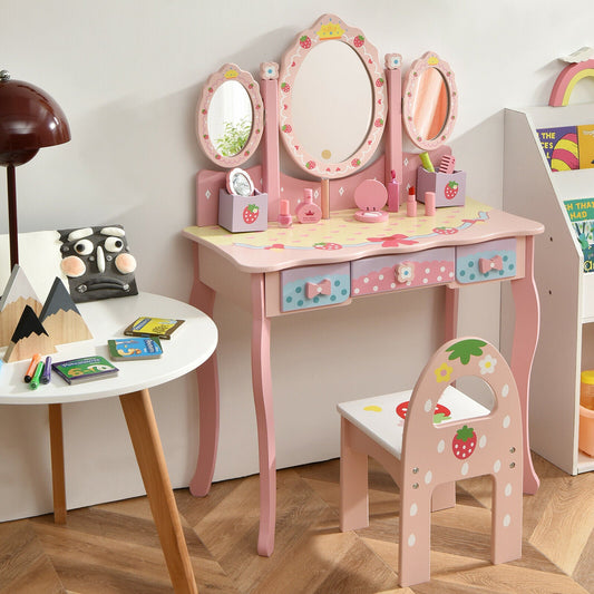 Children's Dressing Table and Chair Set with 3 Mirrors and 3 Drawers-Pink