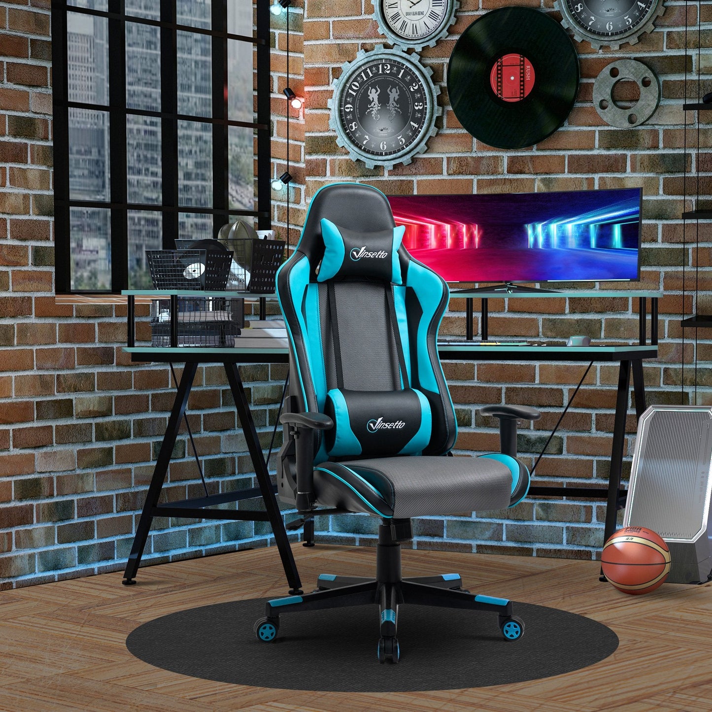 Vinsetto Racing Gaming Office Chair Swivel Recliner w/ Headrest Lumbar Support, Sky Blue