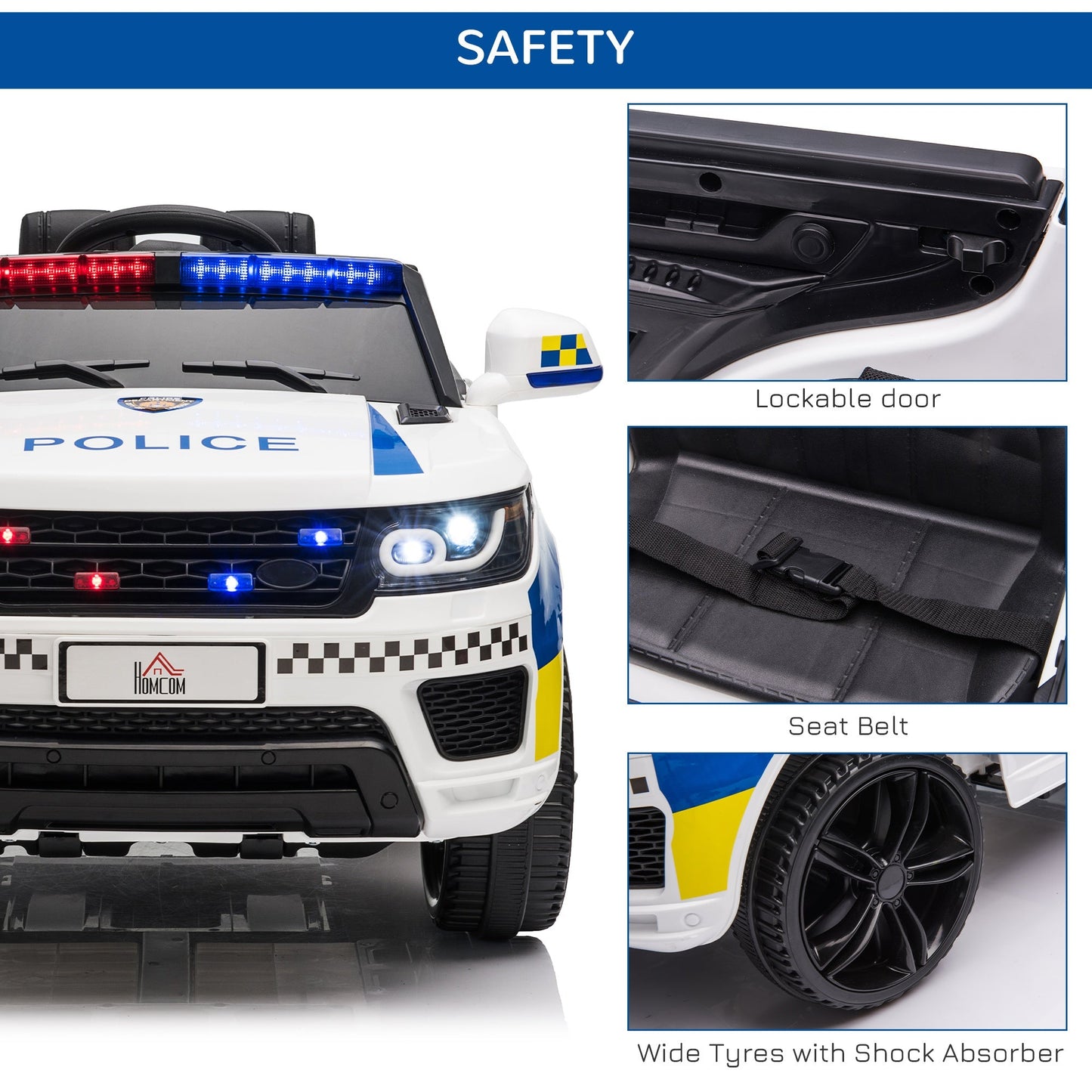 12V Kid Electric Ride On Police Car w/ Remote Siren Light Bluetooth 3-6 Years