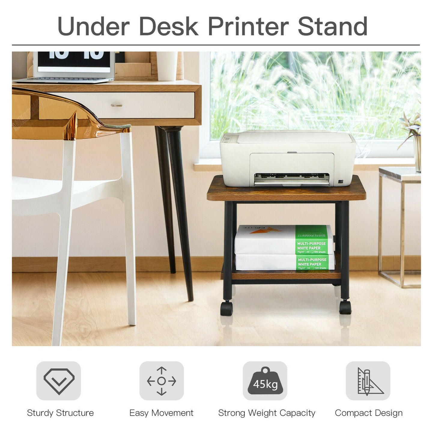 2 Tier Wooden Printer Stand with 360° Swivel Casters-Brown