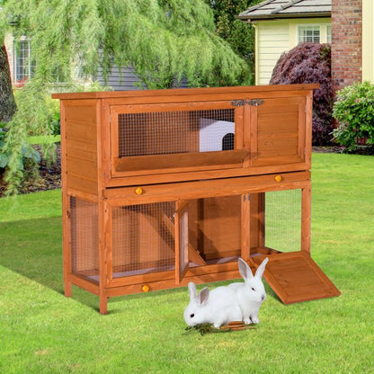 PawHut Large Rabbit Hutch Outdoor, Wooden Guinea Pig Hutch, Pet Cage House Bunny Home, with Rabbit Run, Double Decker 122 x 48 x 100 cm
