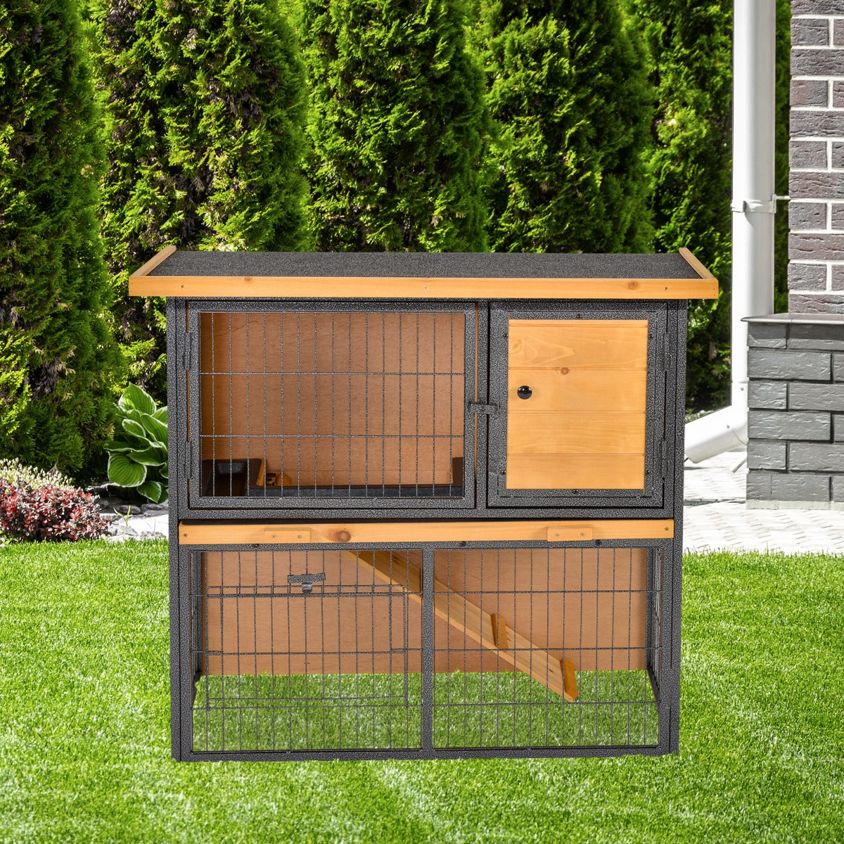 PawHut Wood-metal Rabbit Hutch Elevated Pet House Bunny Cage with Slide-Out Tray Asphalt Openable Roof Lockable Door Outdoor
