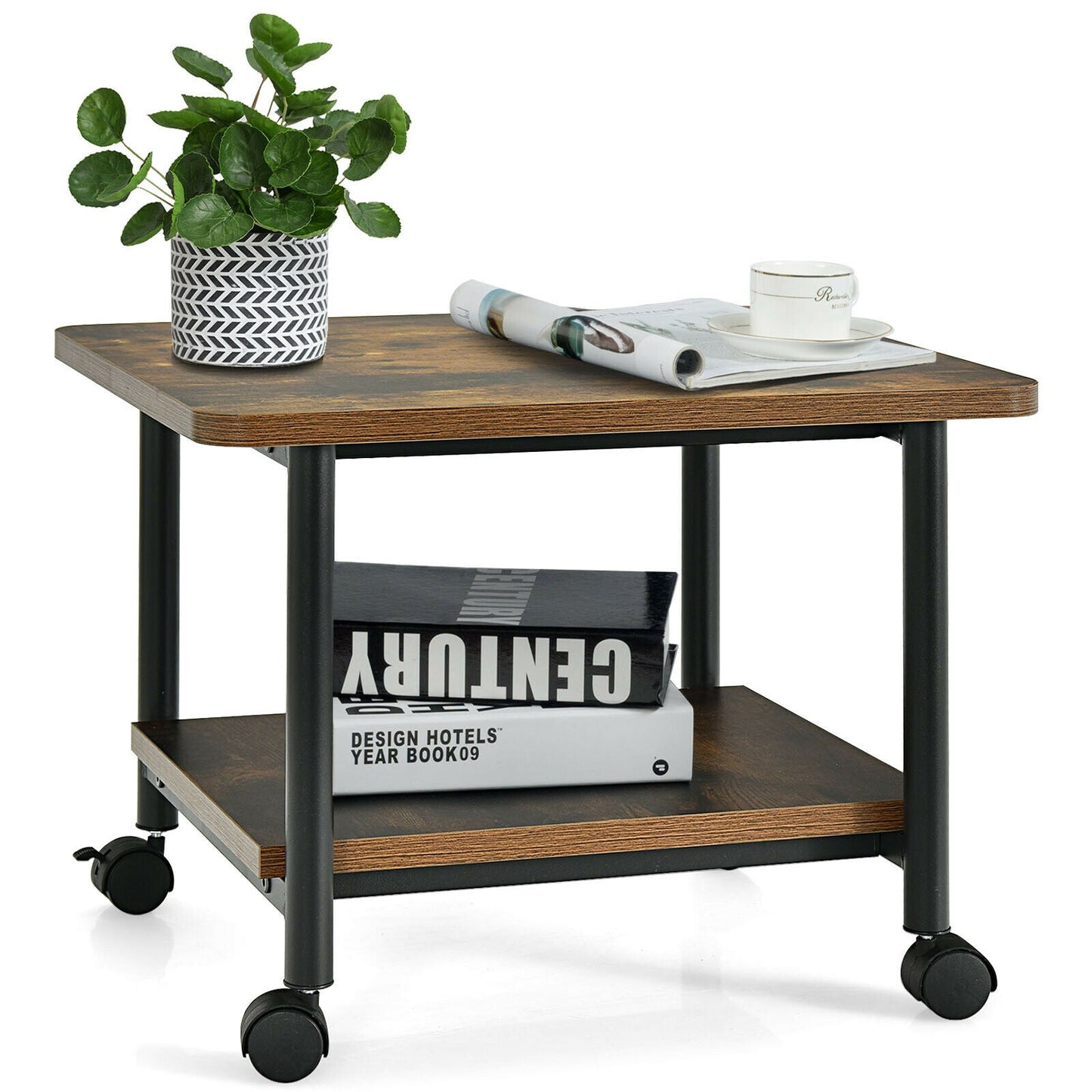 2 Tier Wooden Printer Stand with 360° Swivel Casters-Brown