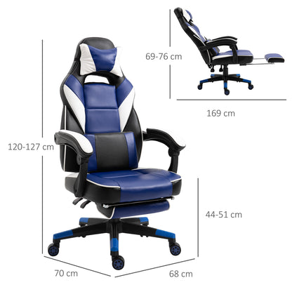 Vinsetto Gaming Chair with Footrest, Neck & Back Pillow - Blue