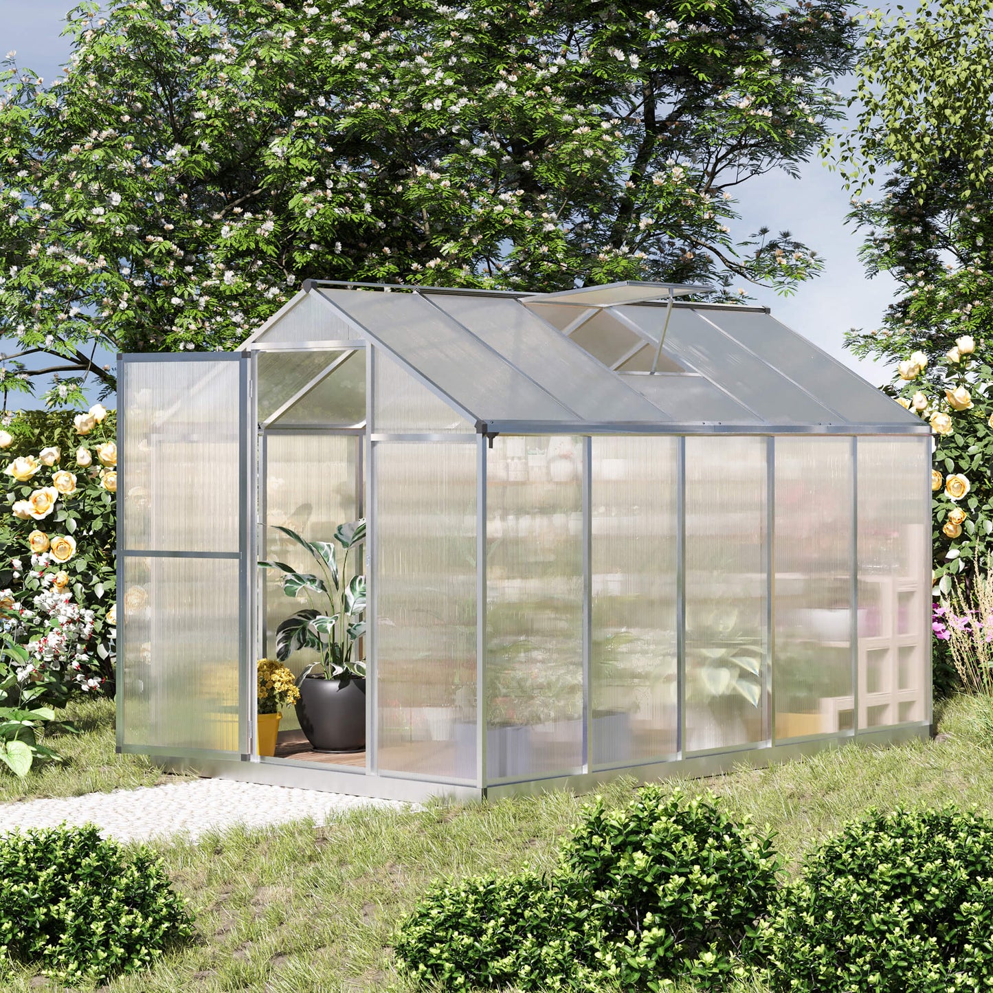 Outsunny 6x10ft Clear Polycarbonate Greenhouse Aluminium Frame Large Walk-In Garden Plants Grow