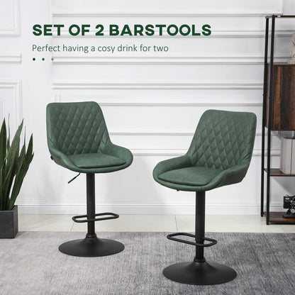 Retro Bar Stools Set of 2, Adjustable Kitchen Stool, Upholstered Bar Chairs with Back, Swivel Seat, Dark Green