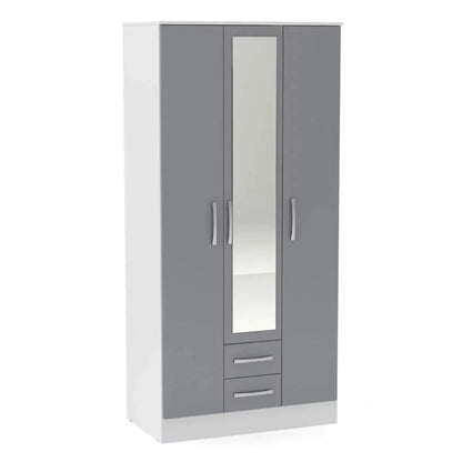 Lynx 3 Door 2 Drawer Mirrored Wardrobe - White and Grey